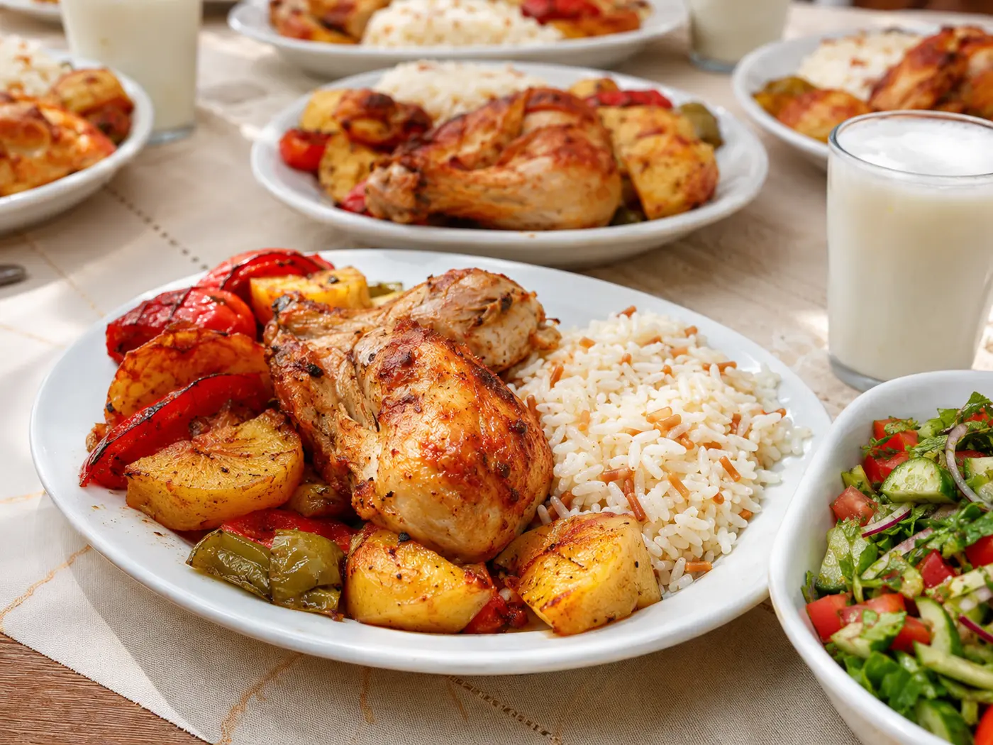 Sünnet düğünü için hazırlanmış fırında tavuk, pirinç pilavı ve salata