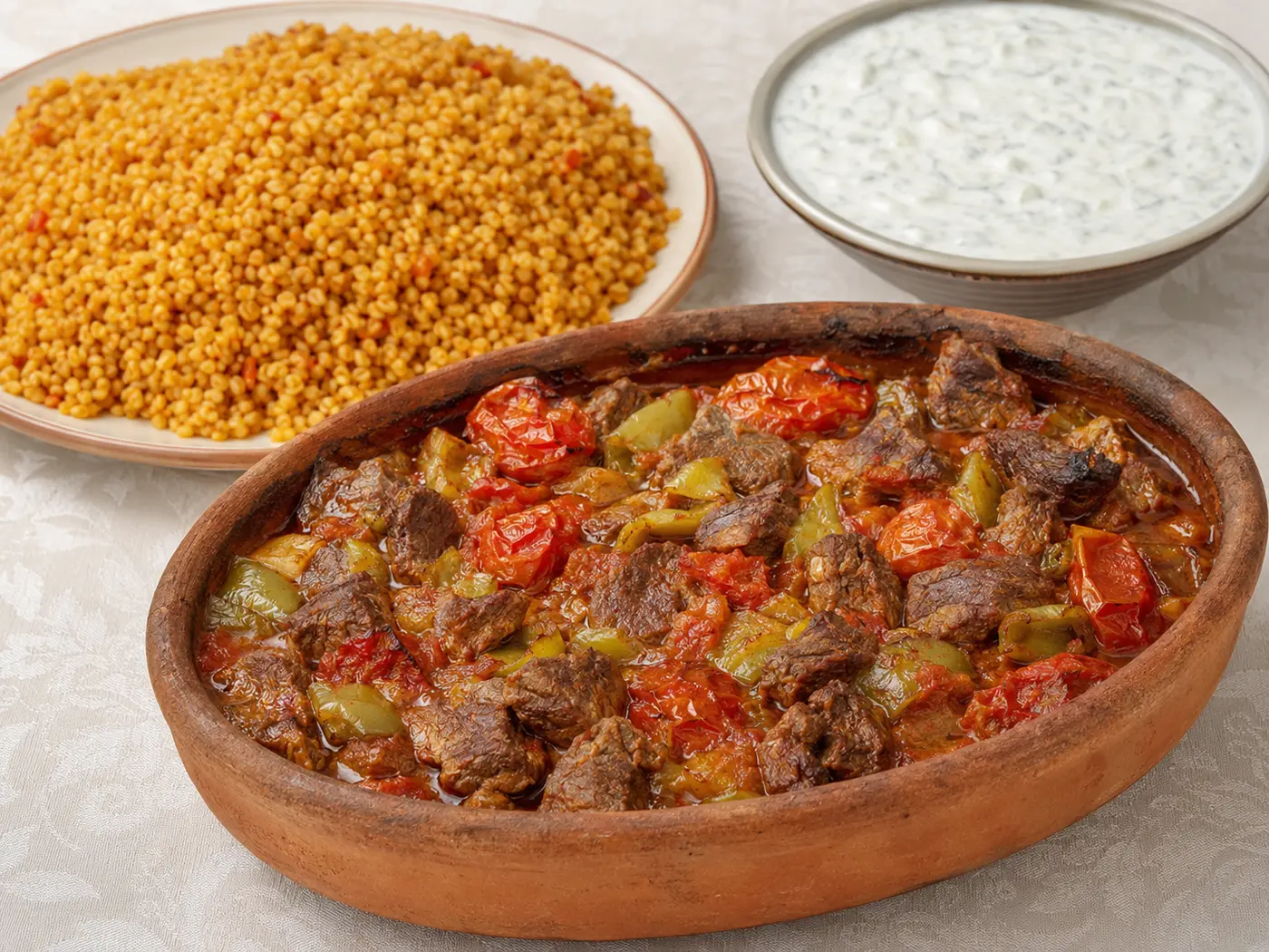 Mevlüt organizasyonu için hazırlanmış etli fırın güveç, bulgur pilavı ve cacık